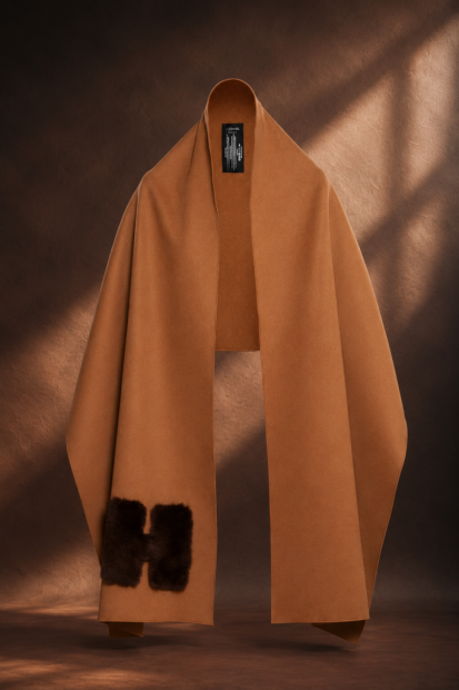 Long shawl<p> Camel wool & brown fur letter